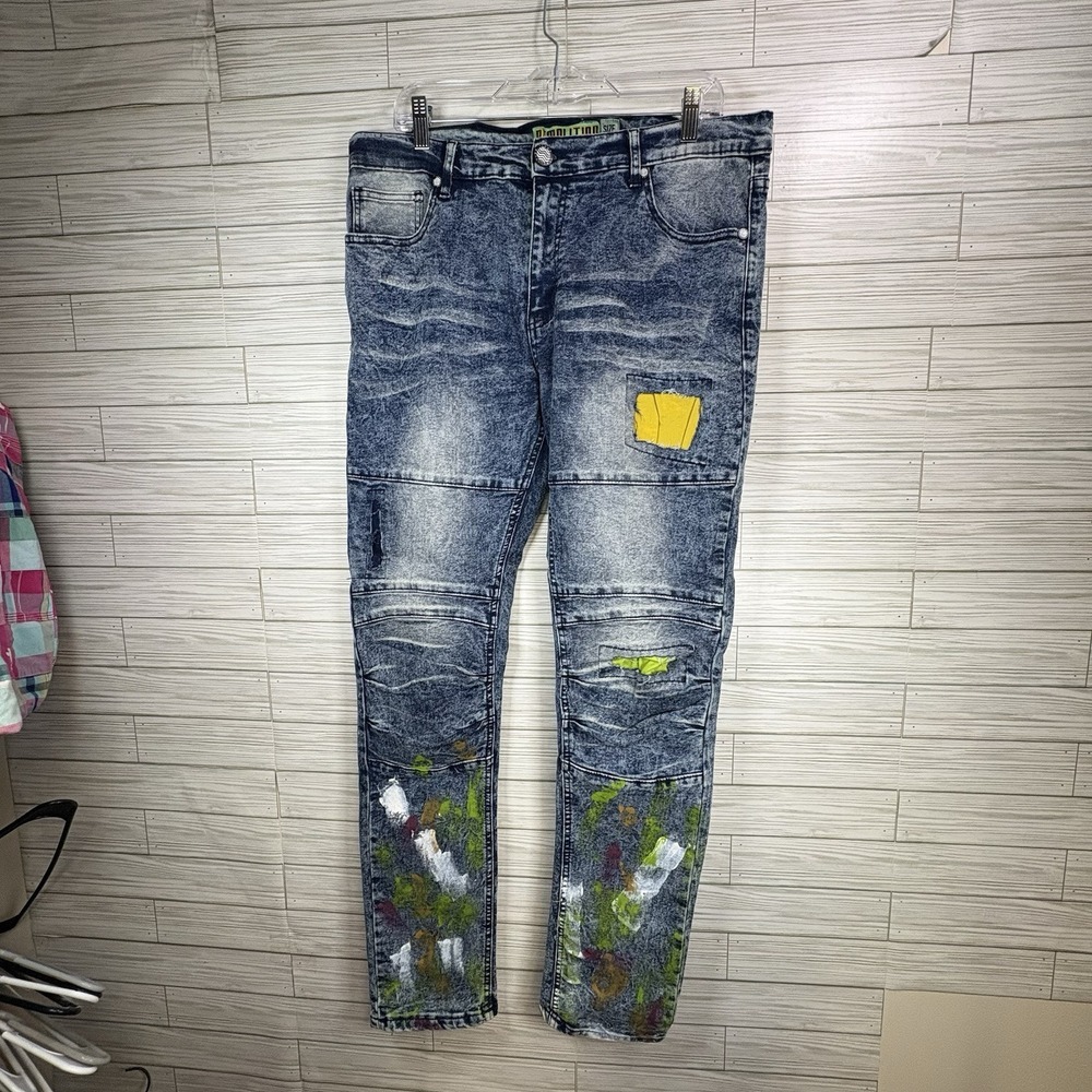 DEMOLITION Men's Limited Edition Distressed Blue Painted Denim Jeans‎ 36x32